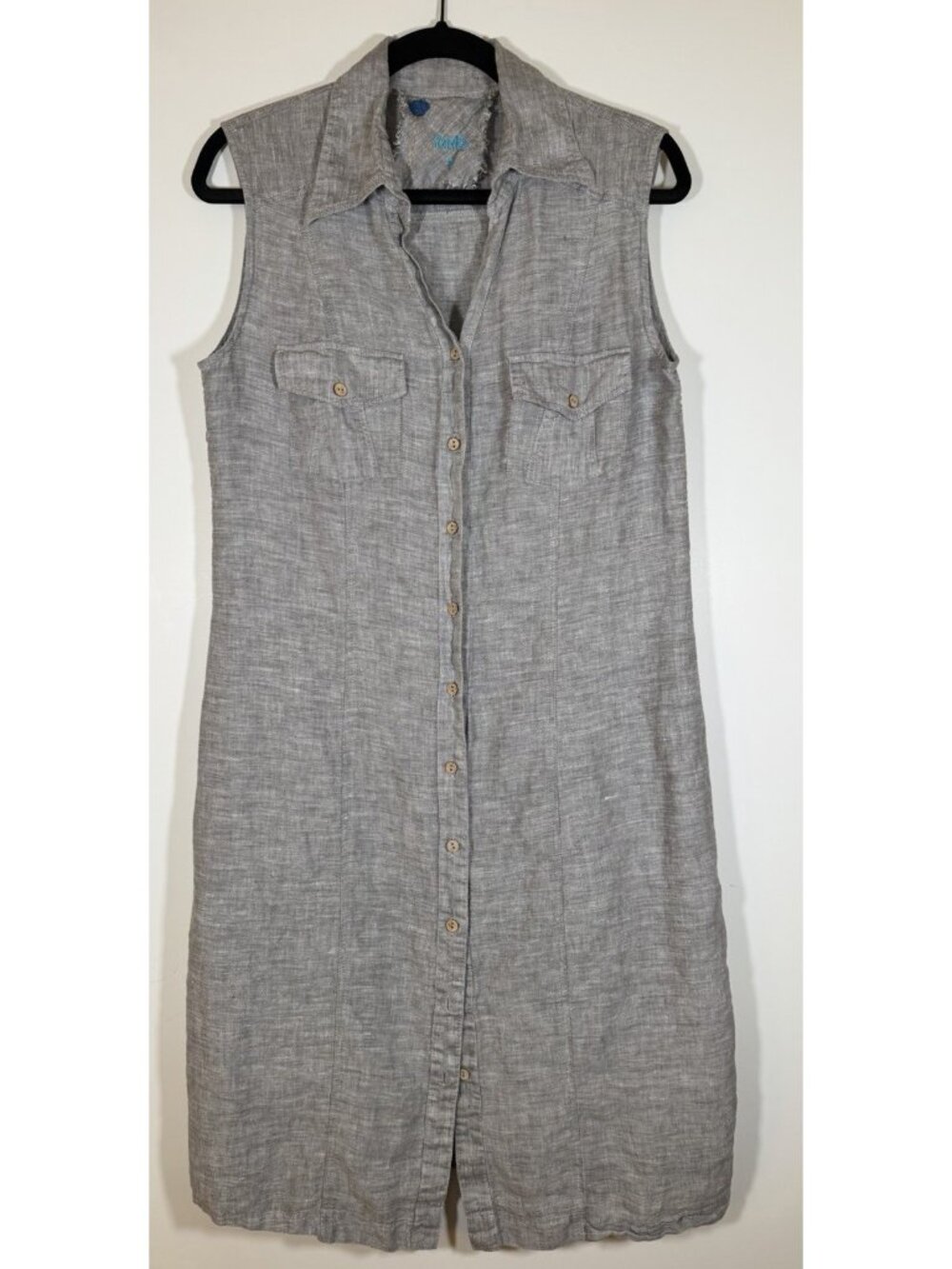 Yuvita 100% gray collared button up 100% linen lagenlook minimalist dress M